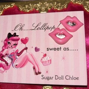 Pink lip kiss Marilyn Oh lollipop sugardoll earrings stud post cute sexy doll